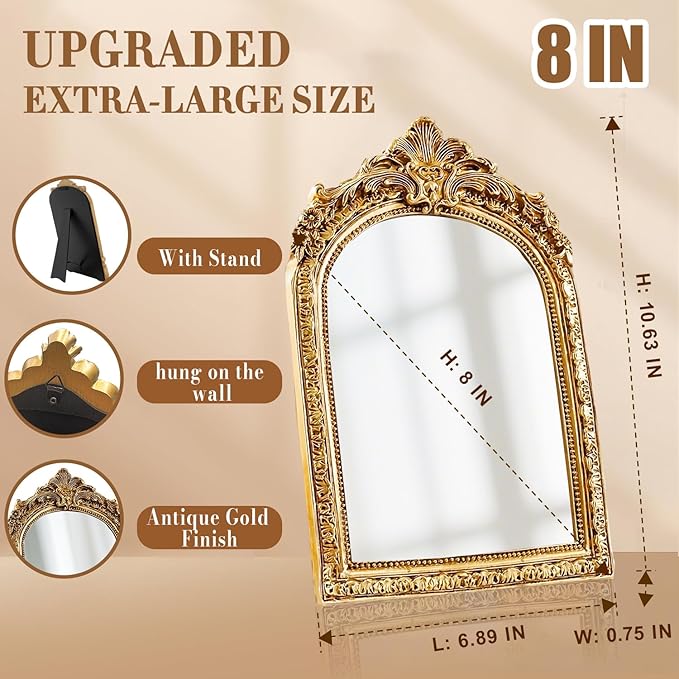 YUSONG Vintage Makeup Mirror for Tabletop - 8" Antique Gold Arched Desk Mirrors with Resin Frame Vanity Table Mirror for Bedroom Living Room Retro Decor