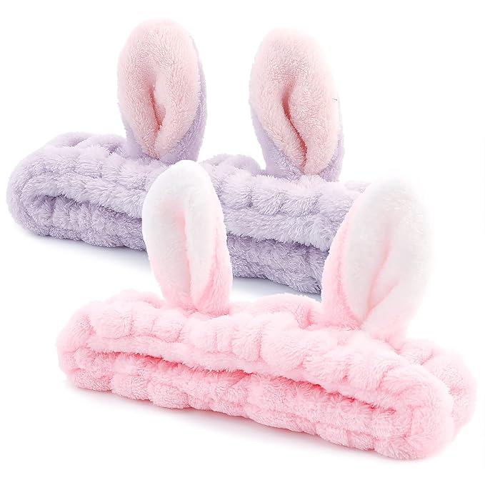 YISSION Cute Bunny Ear Spa Headband for Women and Girls - Soft Plush Makeup Headband for Face Washing, Skincare, Shower, Easter Party Favors (2 Pack, Pink & Purple)