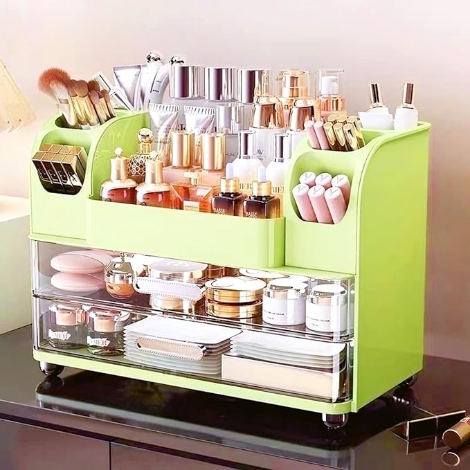 Makeup Organizer with Drawers for Vanity,Bathroom Countertop Organizer with Brushes Holder,Skincare Storage Organizer,Perfect Cosmetic Display Case for Skincare,Lipstick and Beauty Essential (Green)