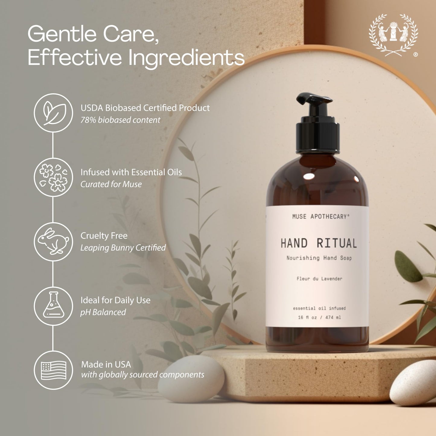 Muse Apothecary Hand Ritual - Aromatic and Nourishing Hand Soap, Infused with Aromatherapy Essential Oils - USDA Certified Biobased - 16 oz, Bergamot + French Lavender + Sandalwood, 3 Pack