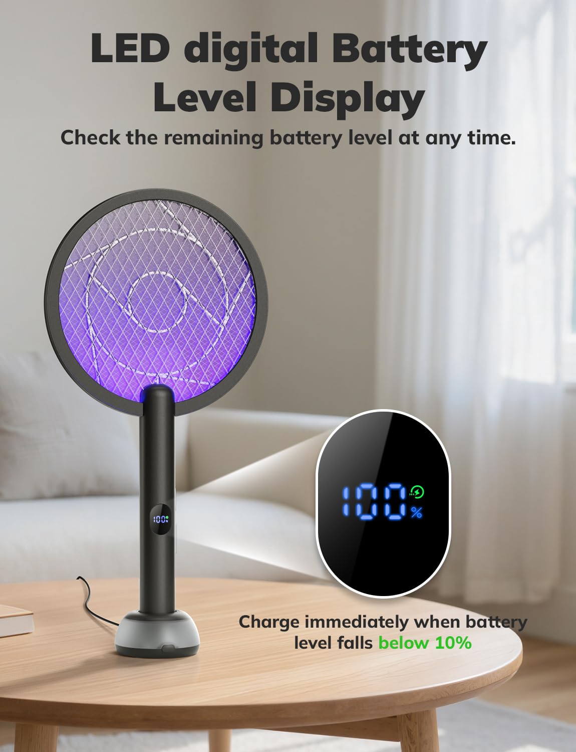 YISSVIC Electric Fly Swatter Bug Zapper Racket 4000V LED Screen Dual Modes Fly Zapper Rechargeable for Indoor Home Office Backyard Patio Camping (Black)