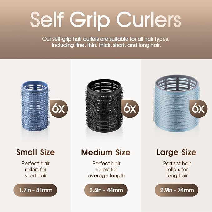 18 pcs Heatless Self Grip Hair Rollers,Large Curlers for Long Medium Short Hair,No Heat Hair Curlers to Sleep In,Salon Hairdressing Curlers for Women Blowout Look,3 Sizes Hair Rollers