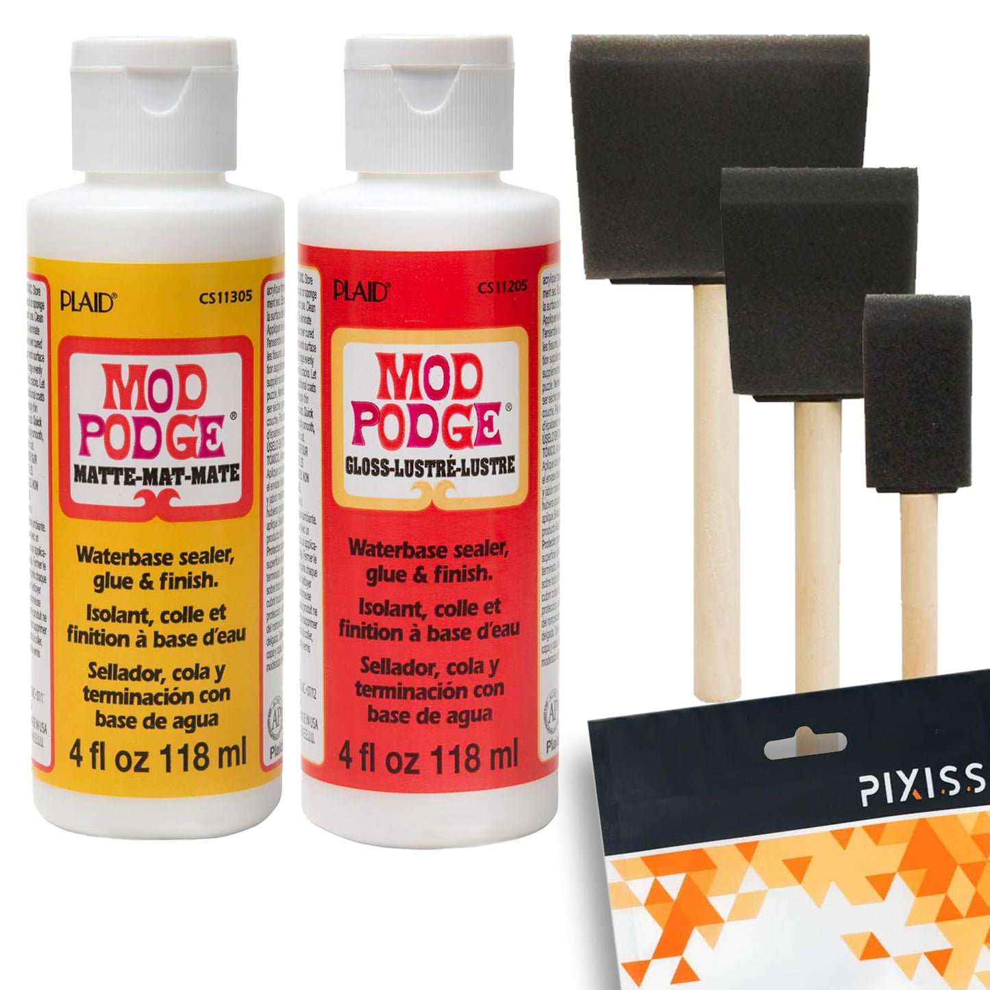 Mod Podge Decoupage Starter Kit, Gloss and Matte Medium with 3 Pixiss Foam Brushes, Waterproof for Puzzles, Wood and More