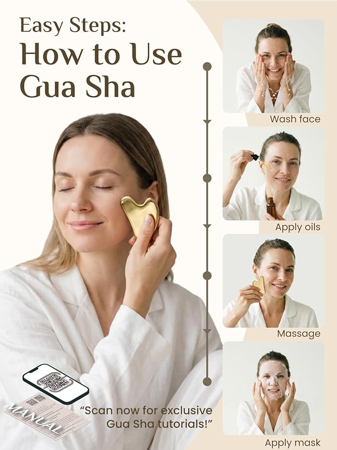 Rena Chris Gua Sha Facial Tools, Stainless Steel Guasha Tool for Acupuncture, Manual Massage Tool for Jawline Sculpting and Puffiness Reducing, Gua Sha Facial Massage Tool, Skin-Care Gift (Golden)