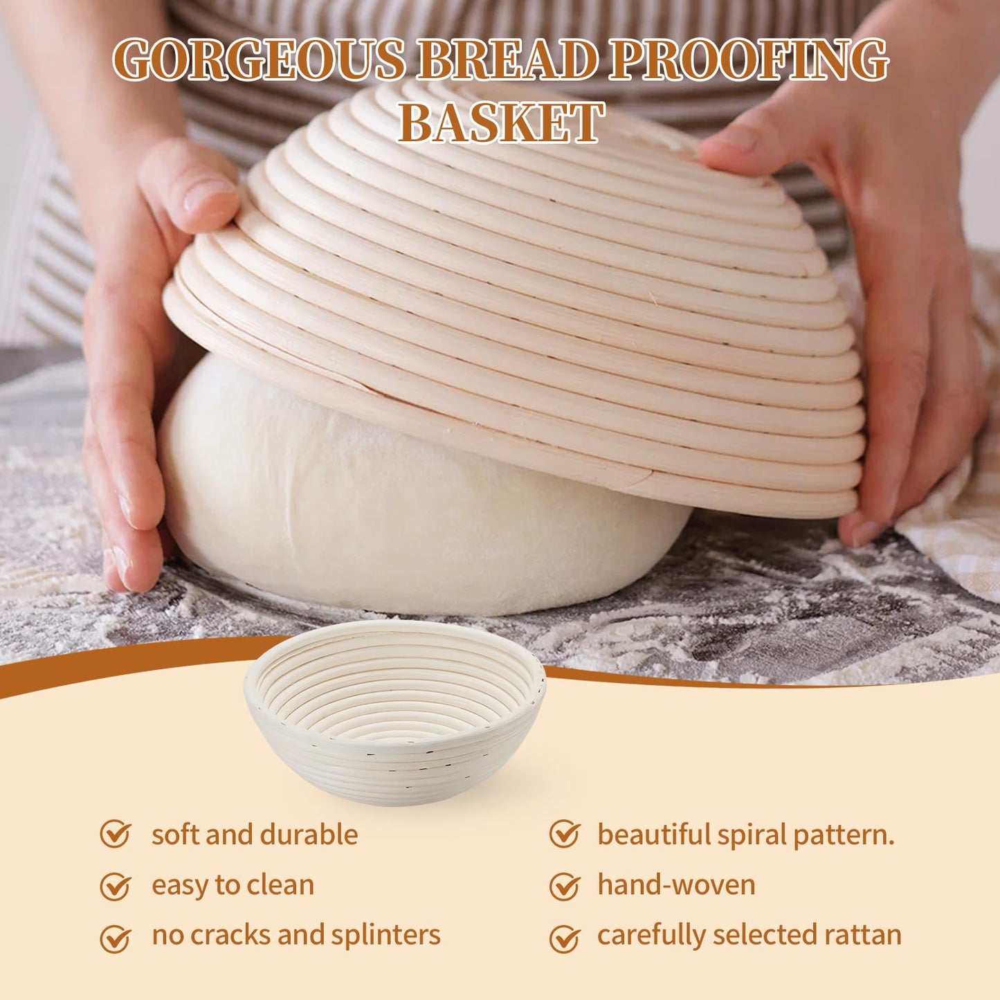 Dimpola Banneton Bread Proofing Basket Banneton Basket Set Sourdough Proofing Basket Round Proofing Bowls Handmade Rattan Baskets and Liners (Round 9 inch Baking Set)