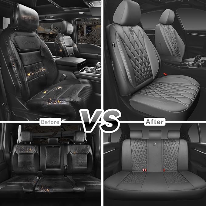 CAR PASS Piping Luxury Leather Seat Covers Full Set,5 Seats Anti-Slip Waterproof Seat Covers Compatible with Front Armrests,Universal Fit for Sendans, Suvs,Vans,Trucks,Airbag Compatible,Pure Gray