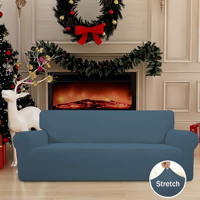 Easy-Going Stretch Oversized Sofa Slipcover 1-Piece Sofa Cover Furniture Protector Couch Soft with Elastic Bottom for Kids, Polyester Spandex Jacquard Fabric Small Checks Bluestone