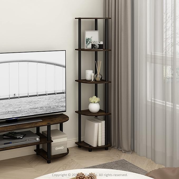 Furinno TURN-N-TUBE Corner Shelf, 5-Tier Corner Bookshelf, Open Storage Shelves, for Organization and Storage, Living Room, Home Office, Garage, Bedroom, Amber Pine