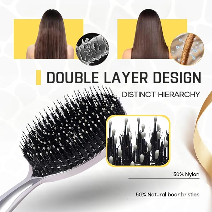 Vented Hair Brush Wet Dry HairBrush for Quick Flat Blow Drying with Natural Boar Bristles Elastic Scalp Massage Brushes Double Layer Design for Smooth HairÃ¯Â¼ÂChrome SilverÃ¯Â¼Â