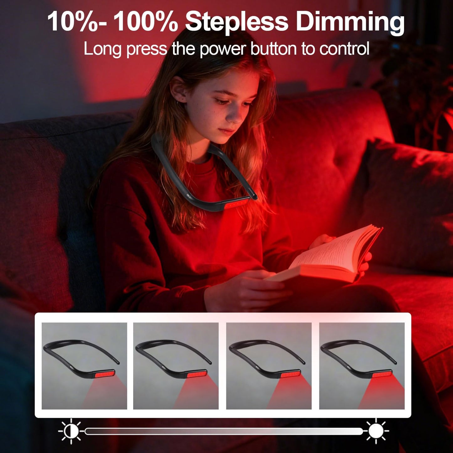 Finezeal 630nm Red Neck Reading Light - Zero Blue Light, Rechargeable Dimmable Portable LED Red Neck Book Lamp for Reading, Crafts, Knitting, Crochet at Night, Ideal Gift for Readers and Craft Lovers