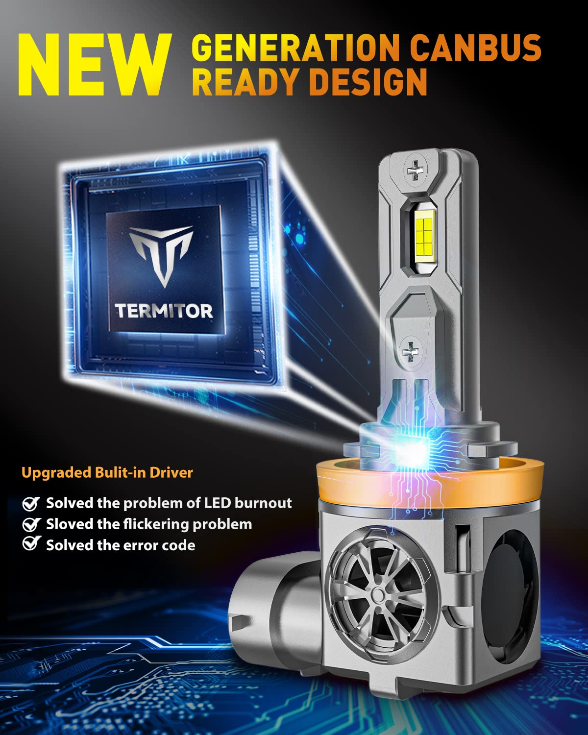 Termitor H11/H9/H8 Bulbs, 50,000LM 10X Ultra-Brightness, Real 1:1 Halogen Mini Size, 6500K Cool White H11 Fog Light Conversion Kits, 10-Year Extended Lifespan, Plug and Play, Pack of 2