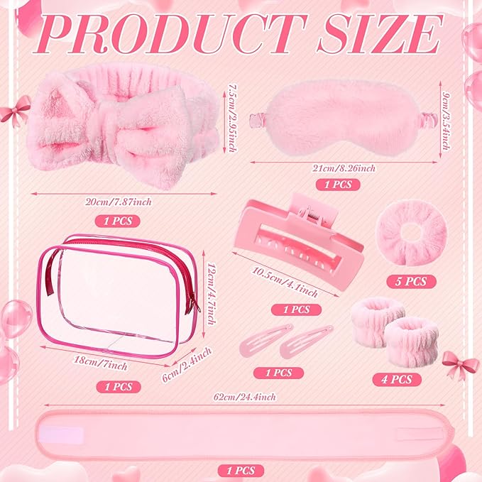 16 Pcs Skin Care Headband Set 2 Spa Headband 1 Plush Sleep Eye Mask 4 Skin Care Wristbands 5 Velvet Scrunchies 1 Claw Clip 2 Bangs Clip 1 Cosmetic Bag for Valentine Galentine Spa Gift(Pink)