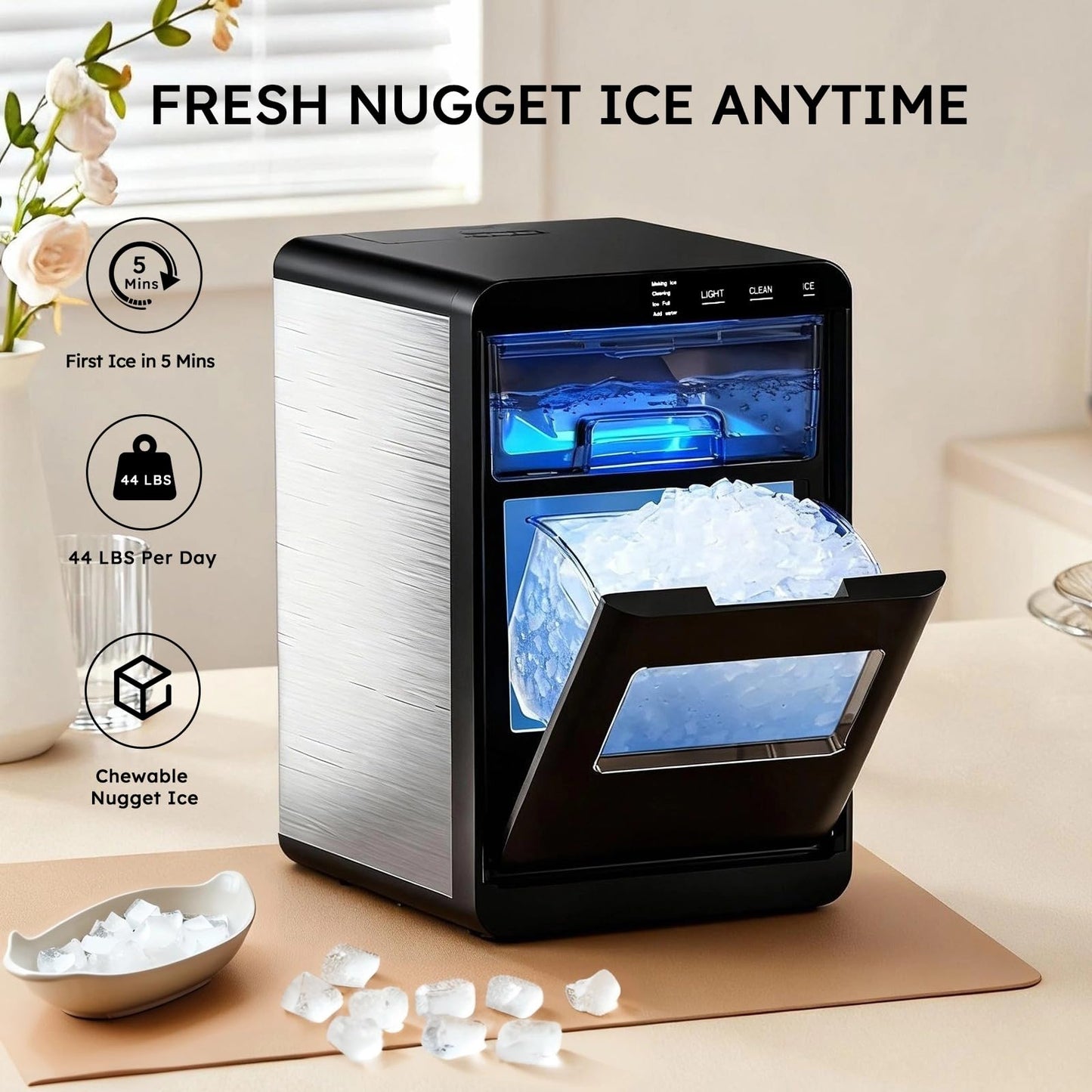 Mojgar Countertop Ice Maker Machine with Handle, Portable Ice Maker Produces 26Lbs/24H, 8 Bullet Ice Cubes Ready in 6 Mins, 2 Ice Sizes, Self-Cleaning Ice Machine for Home, Kitchen, RV & Camping