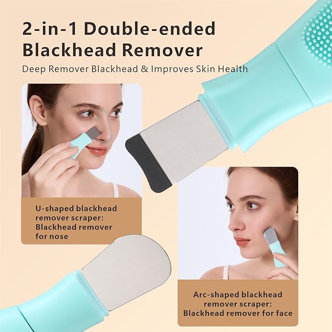 Face Washing Brushes,Nose Blackhead Removal Tools,3Pcs Pore Cleaning Brush, Skin Scrubber Face Spatula,Double-headed Blackhead Extractor Pimple Extractor,Face Scraper for Deep Cleansing (Green)