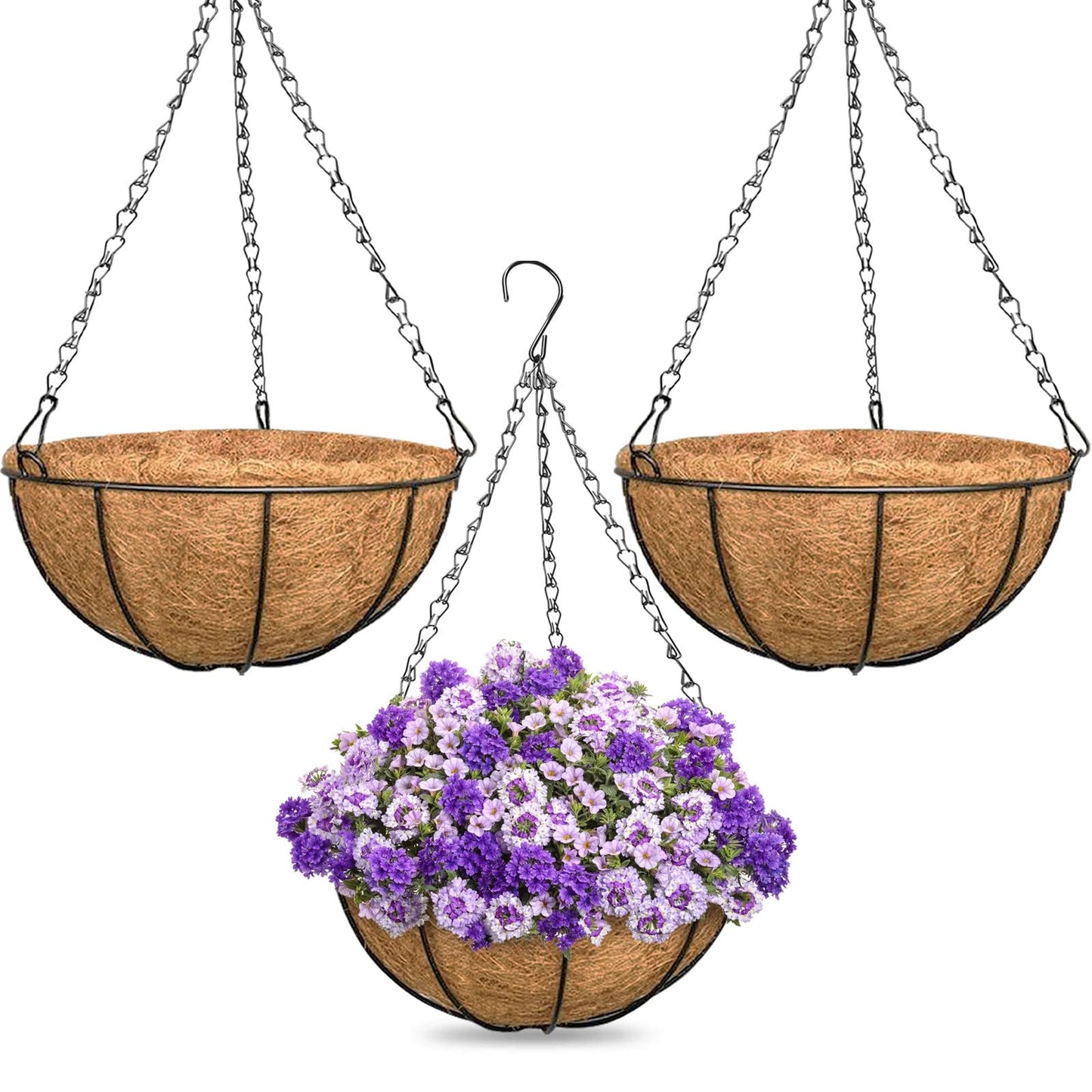 ZeeDix 3 Pack 16 Inch Large Hanging Baskets for Plants Outdoor with Coconut Liners Replacement, Hanging planters Baskets with Natural Coco Liner for Outdoor Indoor Planters Flowers Vegetables