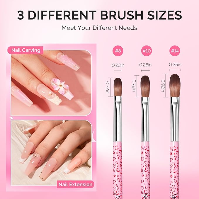 MelodySusie 3-Piece Acrylic Nail Brush Set - Sizes 8/10/14, Professional Nail Art Tool for Acrylic Application, Powder, Extension & 3D Carving - Pink