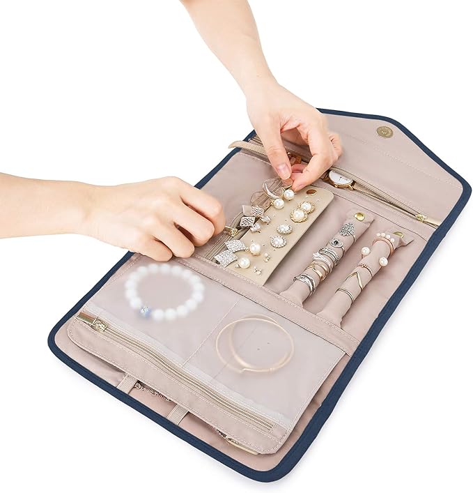 BAGSMART Travel Jewelry Organizer Roll Foldable Jewelry Case for Journey-Rings, Necklaces, Bracelets, Earrings, Smokey Blue