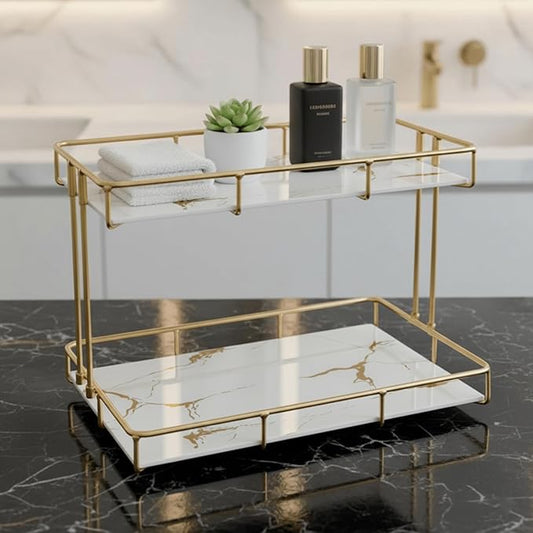 2-Tier White Marble Bathroom Countertop Organizer Ã¢ÂÂ Glass Shelves & Gold Metal Frame, Elegant Vanity Storage Shelf for Perfume, Skincare, Makeup & Toiletries