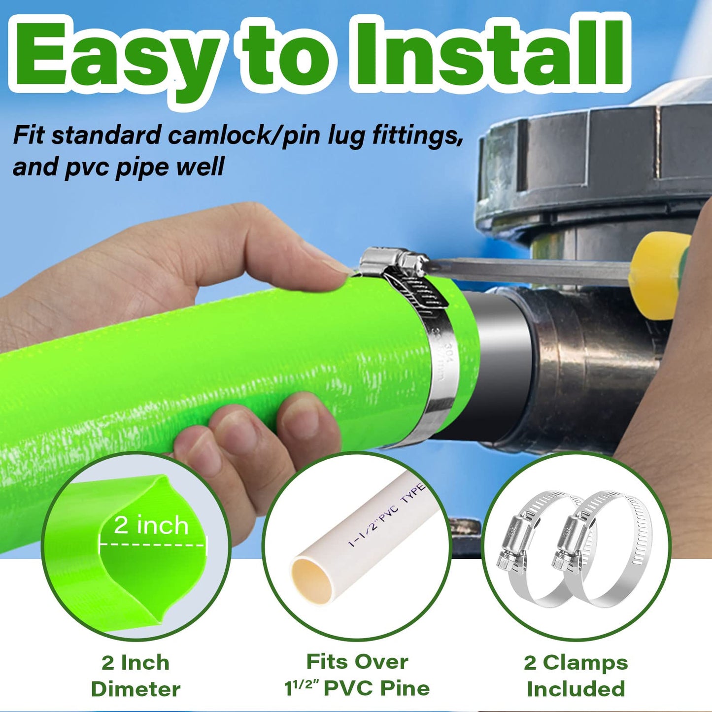 Jin&Bao 2" x 25 FT Pool Backwash Hose, Heavy Duty Reinforced Lay-Flat Discharge Hose, Burst Resistant Drain Hose with 2 Clamps, for Pool Filter & Sump Pump-Blue