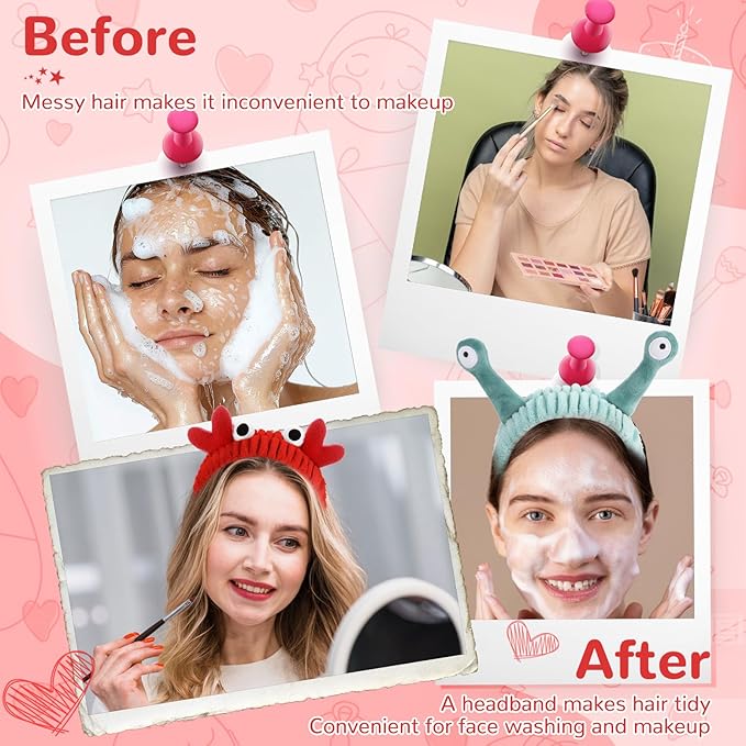 3 Pack Spa Headband Face Wash Hairband Facial Makeup Head Wraps Cartoon Elastic Head Band Cute Frog Snail Crab Shower Headband Creative Hair Accessories for Beauty Skincare Sports