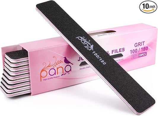 10PCS Jumbo Size PANA Professional Double Sided Nail Files - Black, 100/180 Grit - Emery Board Nail Buffering File Manicure Pedicure Nail Polisher Washable
