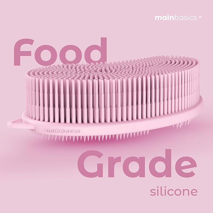 MainBasics Silicone Body Scrubber Dual-Sided Shower Loofah and Exfoliator (Pink, Exfoliate)