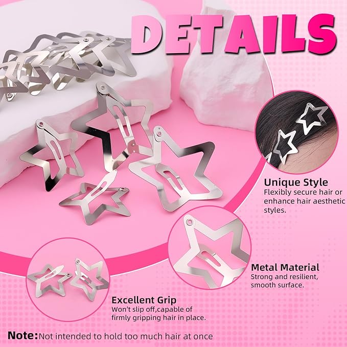 35 PCS Silver Star Hair Clips, 1.18 & 1.57 Inch Y2K Accessories Snap Hair Clips, Non-Slip Small Star Barrettes Accessories for Girls Women, Cool Metal Fashion Ornament Set for Rave Decor