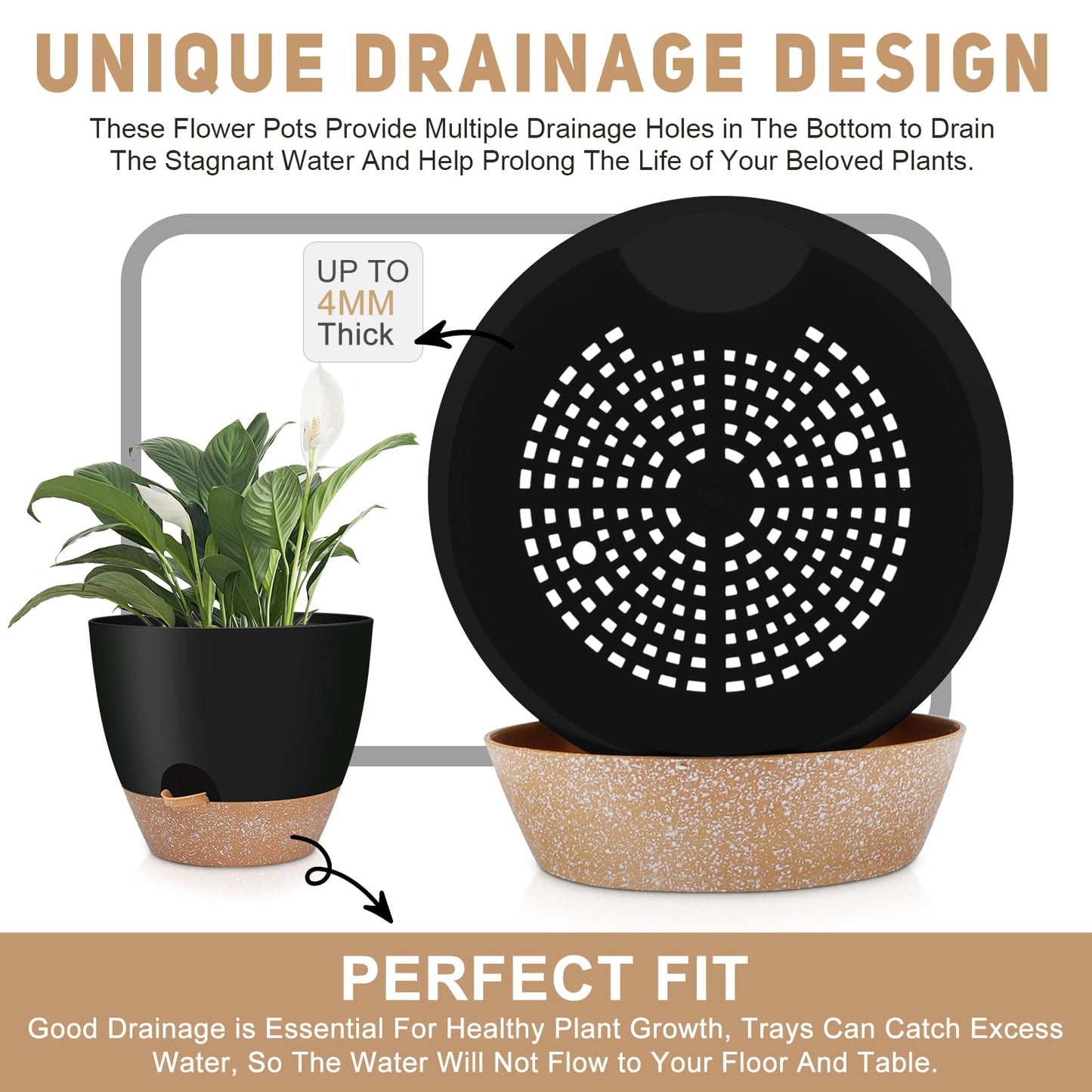 YNNICO 12" 10" 9" Large Self Watering Plant Pots, 3 Pack Flower Pots Planters with Multi Mesh Drainage Holes for Indoor Outdoor Garden Plants and Flowers (Black)