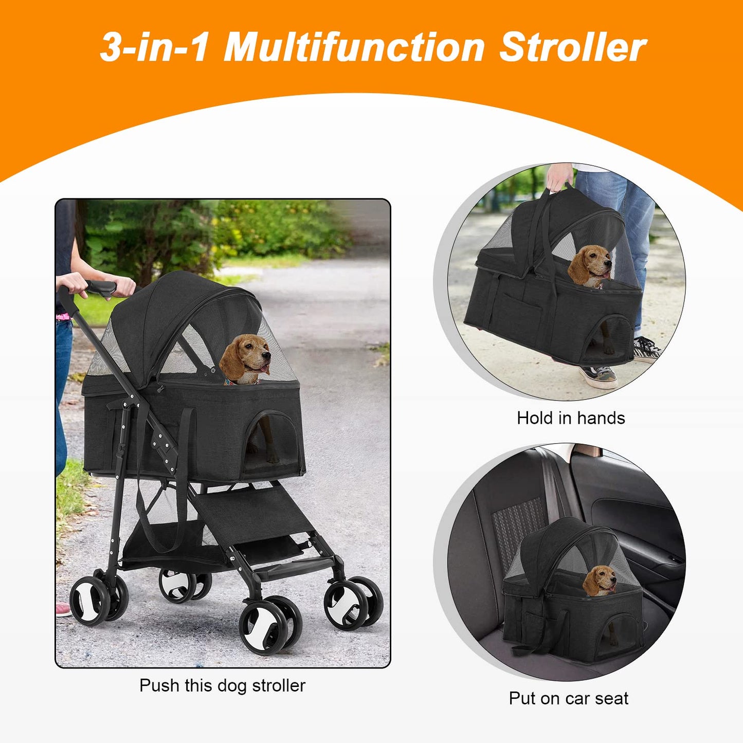 BestPet Pet Dog Stroller with Premium 3-in-1 Multifunction & Detachable Carrier for Folding Lightweight Cat Travel Stroller,Black