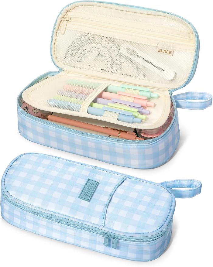 SUNEE Cute Pencil Case, Aesthetic Pen Pouch, Colored Large Pencil Bag with Zipper, Kawaii Stationery Storage and Organizer, School Supplies for Teen and Adult Girls, Blue Checkered