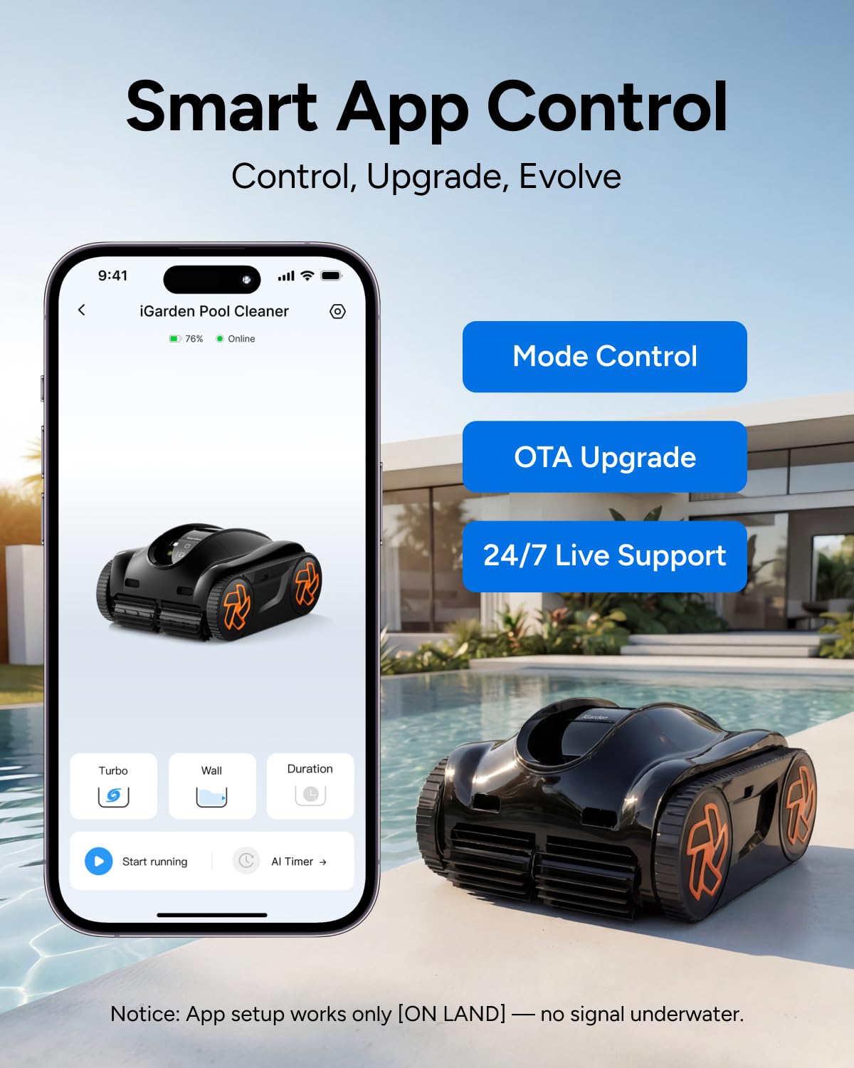 iGarden Robotic Pool Cleaner K Series, Cordless Pool Vacuum Robot for Inground & Above Ground Pools, Smart Navigation, Touchscreen, Self-Parking, Cleans Floor, Wall & Waterline, 220 Min