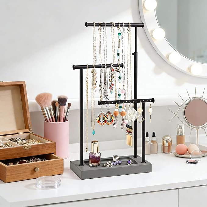 SRIWATANA Jewelry Organizer Display Extra Tall Necklace Holder 3 Tier Jewelry Tree Stand, Gift Idea (Weathered Grey & Black)