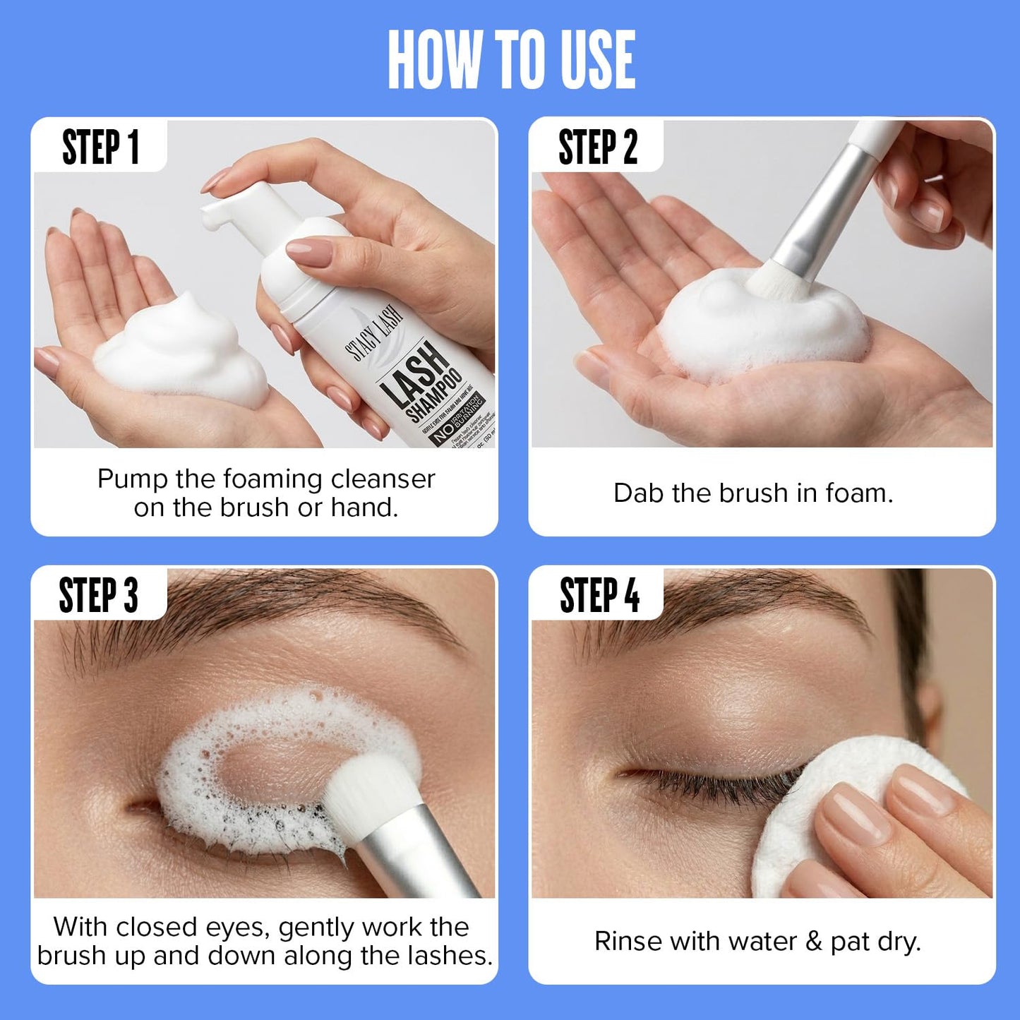 STACY LASH Eyelash Extension Shampoo + Brush / 1.69 fl.oz / 50ml / Eyelid Foaming Cleanser/Wash for Extensions & Natural Lashes/Safe Makeup Remover/Supplies for Professional & Home Use