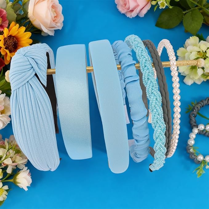 AHONEY 7 Pack Light Blue Headbands for Girls Women Headbands Trendy Non Slip Hairbands Cute Hair Accessories Multi-style Preppy Headband Pack Diademas Para Mujer