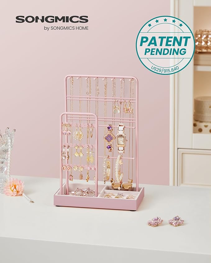 SONGMICS Jewelry Holder, Jewelry Organizer, Jewelry Display Stand with Metal Frame, Velvet Tray, Necklace Earring Bracelet Holder, for Studs, Rings, Gift Idea, Jelly Pink UJJS021R01
