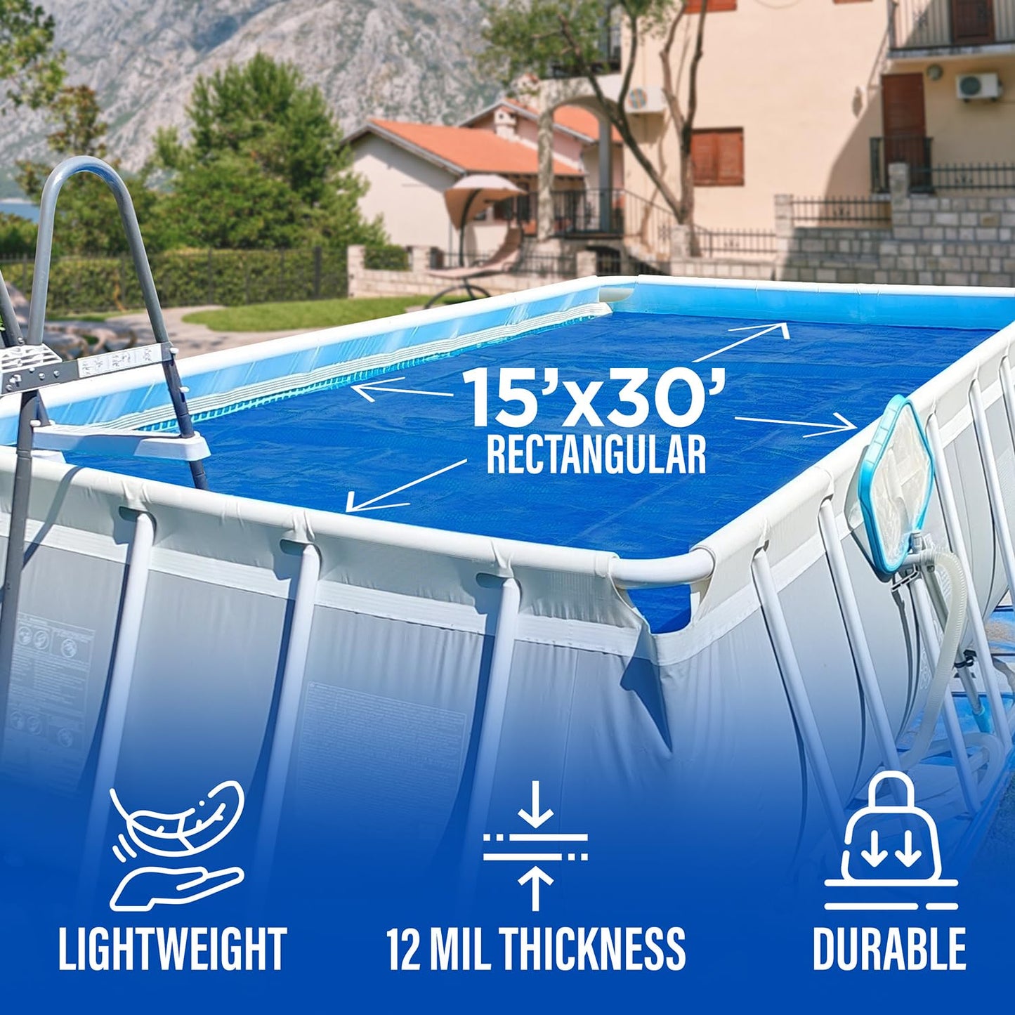 15' x 30' Rectangle Solar Cover for Inground and Above Ground Pools, 12 Mil - Premium Heavy Duty Solar Blanket for Above Ground Pool, Blue - Made in USA