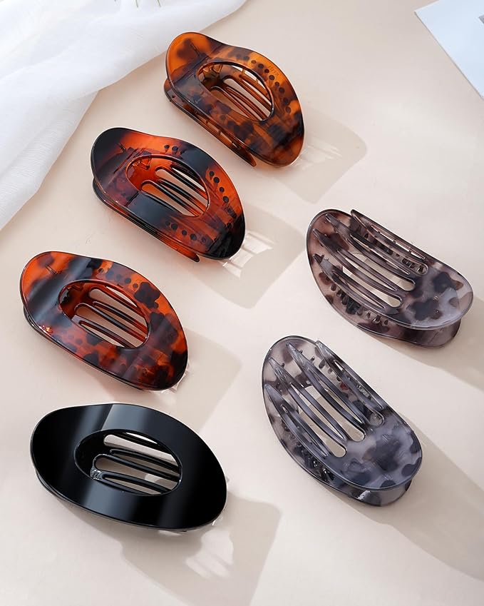 Mesovor 6 Pack Flat Hair Claw Clips, 4.33" Nonslip Large Round Lay Flat Hair Clips | Strong Hold French Flat Hairclips for Lying Down, Yoga, Driving (Tortoise Polished)