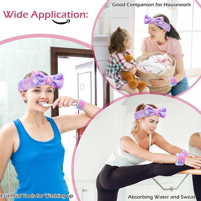 3PCS Spa Headband and Wristbands Set for Women, Soft Microfiber Face Wash Headband with Cute Bow, Elastic Absorbent Wrist Towels, Makeup Skincare Accessories for Facial, Shower, Yoga