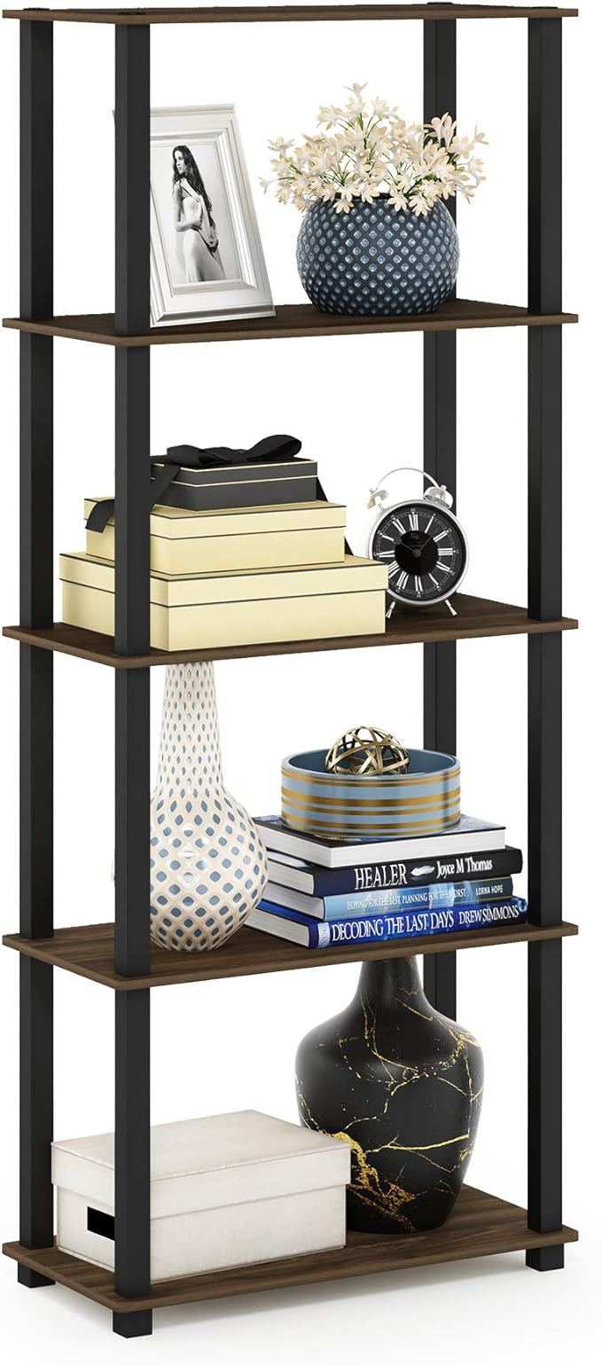 Furinno TURN-S-TUBE Book Shelf, 5-Tier Toolless Storage Shelves with Square Tubes, Shelving Unit for Organization and Storage for Living Room, Home Office, Columbia Walnut