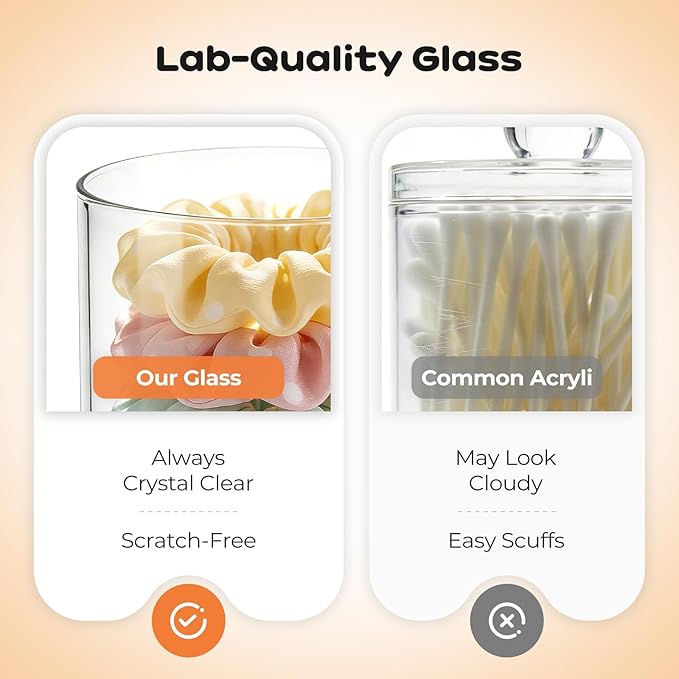 Glass Qtip Holder Dispenser Set - 10oz Cotton Swab Holder with Bamboo Lids, Bathroom Canisters Apothecary Jar Vanity Storage Organizer for Cotton Balls Pads, Floss Picks (4 Pack)