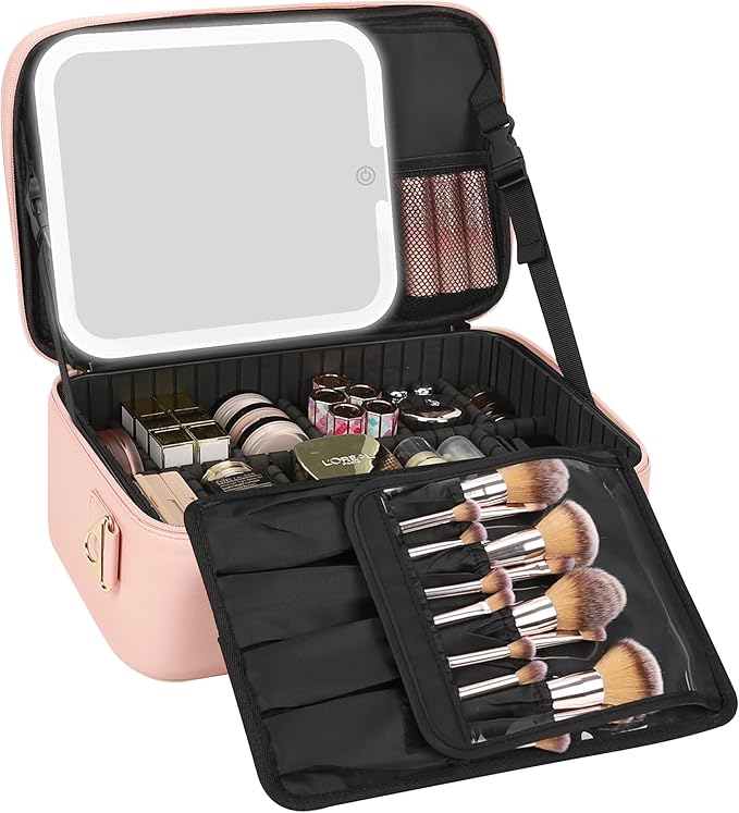 Relavel Travel Makeup Bag With LED Mirror, Portable Cosmetic Bag Organizer with Adjustable Brightness in 3 Color Scenarios, Small Cute Train Case with Detachable Dividers for Trip- Pink Strip