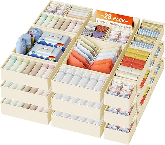 DIMJ Drawer Organizer Clothes, 28 Pack Dresser Organizer, Foldable Closet Organizers and Storage, Fabric Dresser Bins, Drawer Dividers for Nursery, Baby Clothes, Underwears, Sock,Beige