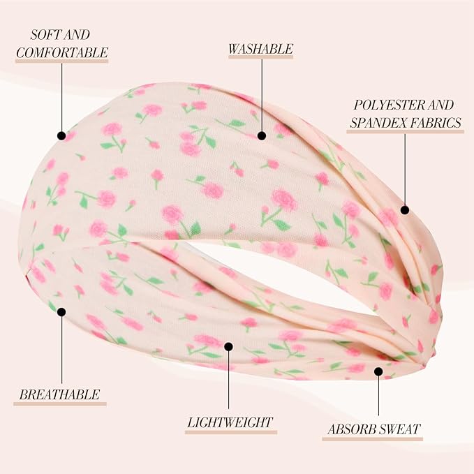 obeoby 8 Pack Pink Cute Headbands for Girls Daughter, Floral Stripe Headbands for New Moms Gifts Spring Summer Outfit Non Slip Wide Headband
