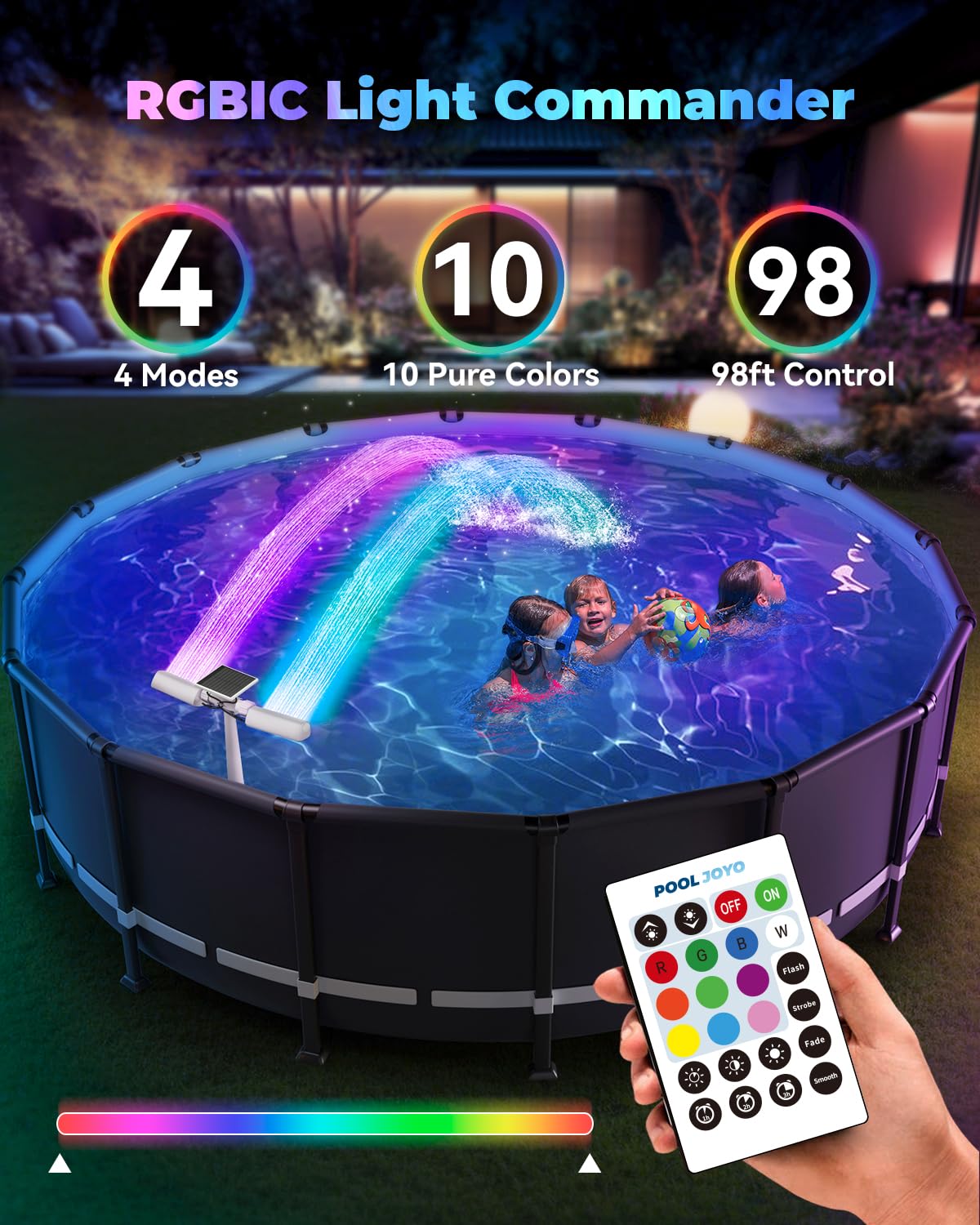 POOLJOYO Solar Pool Fountain with 10-Color 4-Mode RGB LED Lights, Above/Inground Solar Lights with Remote, 360°Adjustable Dual Spray Waterfall Sprinkler Fountain for Relaxation & Cooling 10-20°F
