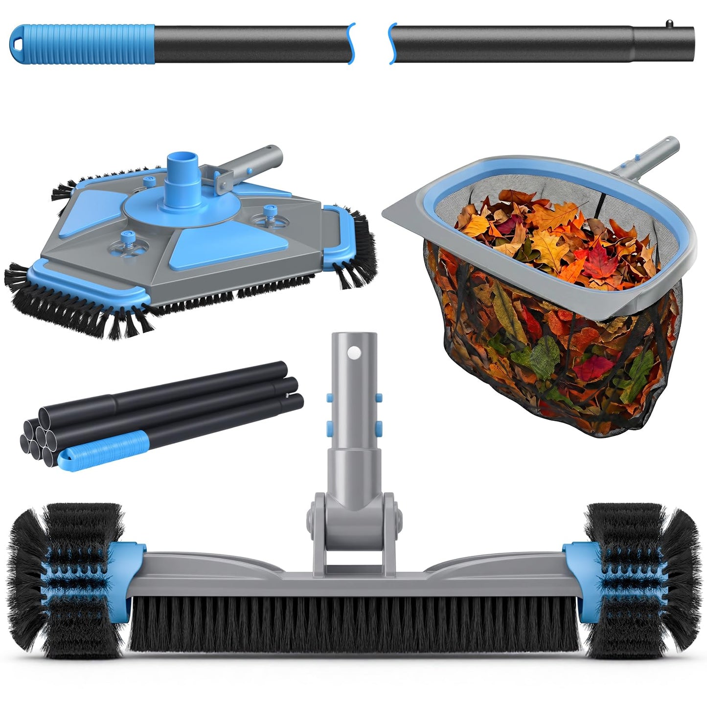 UIRWAY 4-in-1 Deluxe Swimming Pool Cleaning Kit - Includes Upgrade Triangular Pool Vacuum Head, Detachable Brush, Deep Leaf Skimmer Net, Adjustable Aluminum Pole Inground & Above Ground Pools