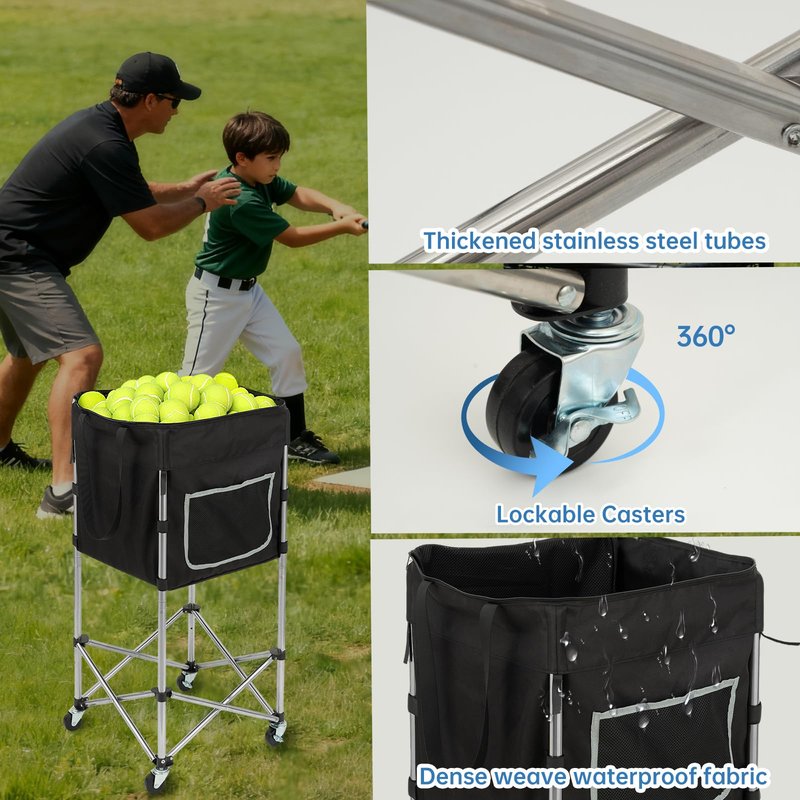 TaiAlphayi Tennis Ball Cart with Wheels & Brake (180 Capacity) – Heavy Duty Stainless Steel Frame with Detachable Washable Bag – Foldable Travel Hopper for Tennis & Pickleball, Portable Carrier