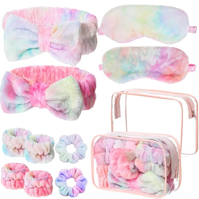 Hoteam 10 Pcs Spa Party Supplies Gift Set Sleepover Party Favor Spa Headband Wristband Sleep Eye Mask Velvet Scrunchies for Skin Care Makeup Slumber Night Favor(Tie Dye Rainbow)