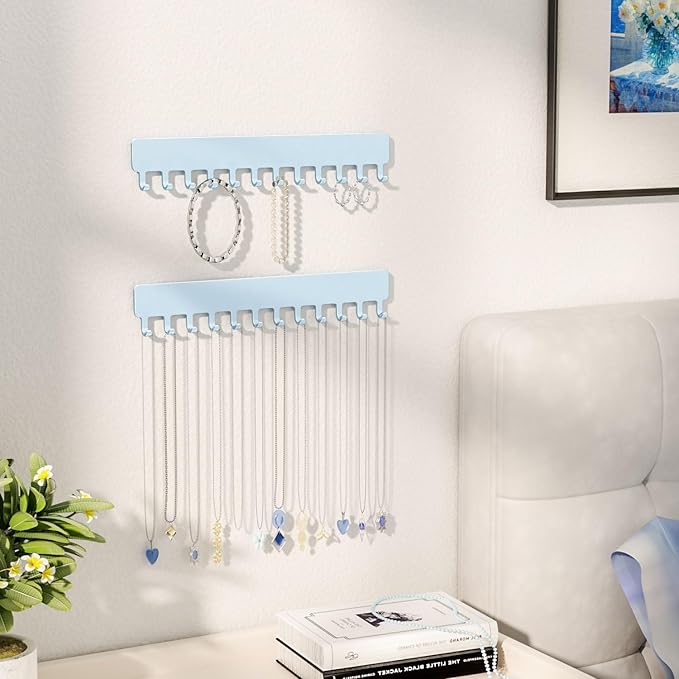 Necklace Organizer Wall Mount: Wall Necklace Hanger with Hooks for Tangle-Free Storage – Easy Access Wall Mounted Necklace Holder for Jewelry Display, Baby Blue