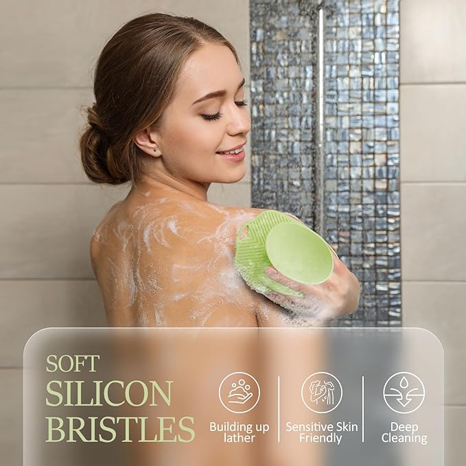 Soft Silicone Body Scrubber, Gentle Like a Hand Exfoliating Your Skin and Build Up Lather Easily, Back Large Suction Cup Easy to Store, Long-Lasting & Deep Clean (Green)