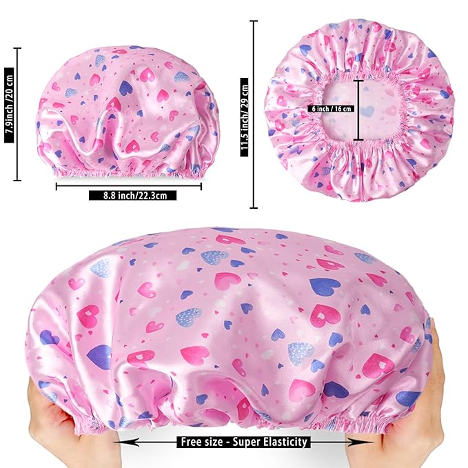 4 PCS Shower Cap for Women, Elastic and Reusable Bath Caps, Double Layers Shower Caps Reusable Waterproof, Bathing Shower Caps, Environmental Bath Hair Protection Cap - Heart